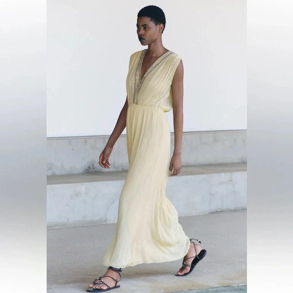 ZARA EMBROIDERED BEADED PASTEL YELLOW DRESS ZW COLLECTION - Picture 5 of 12